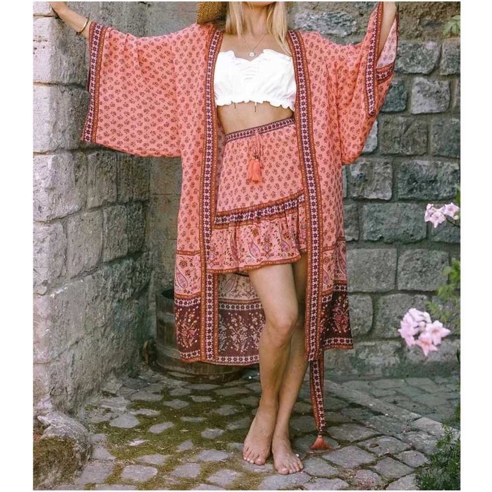 Red boho  Floral print Kimono Beach Cover Belted - Picture 9 of 14